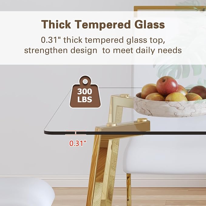 51" Glass Dining Table Set 4,Small Kitchen Room Dining Table Set 4 with Chairs,Tempered Glass Top with Gold Legs,Easy to Assemble,Dinette Breakfast Nook