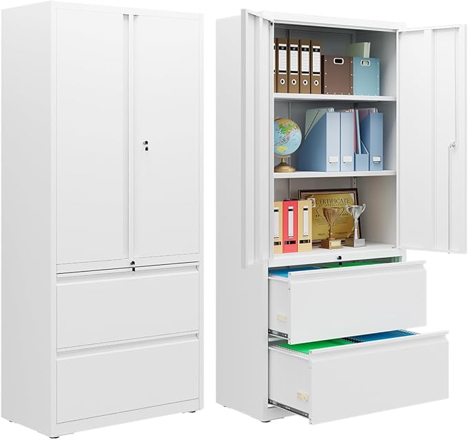 DEVAISE Metal Storage Cabinets for Home Office, 2 Drawers Lateral File Cabinets and Doors, 71" Filing Cabinet with Lock and Adjustable Shelves, White