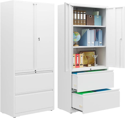 DEVAISE Metal Storage Cabinets for Home Office, 2 Drawers Lateral File Cabinets and Doors, 71" Filing Cabinet with Lock and Adjustable Shelves, White
