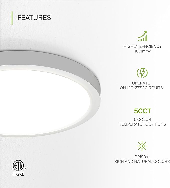 ASD LED 18" Round Flush Mount Ceiling Light Fixture, Low Profile Surface Lighting | 5CCT, Dimmable, Ultra-Thin, ETL Listed | 32W 2600LM 2700-6000K 100-277V | Kitchen, Hallway Lamp | White, 2 Pack