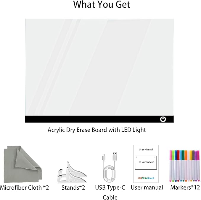 Acrylic Dry Erase Board with Light 11.8"x8.5" Light up Dry Erase Board Brightness Adjustable as Glow Memo LED Letter Message Note Board with Stand Led White Board with 12 Pen for School Home (Black)