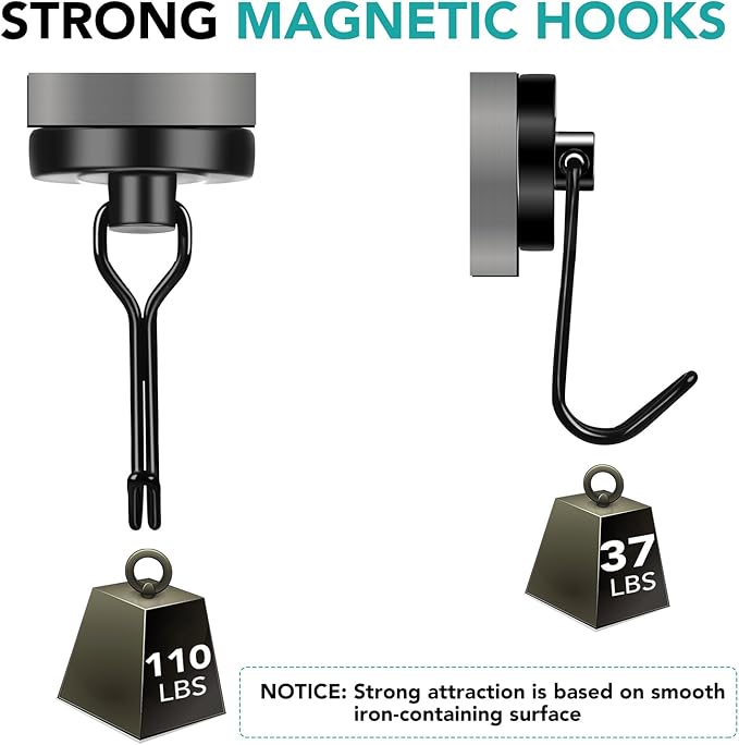 DIYMAG Black Magnetic Hooks,110LBS Strong Magnetic Hooks Heavy Duty, Strong Magnet Hooks with Metal Hanger for Hanging Refrigerator Home Kitchen Office, 4Pack