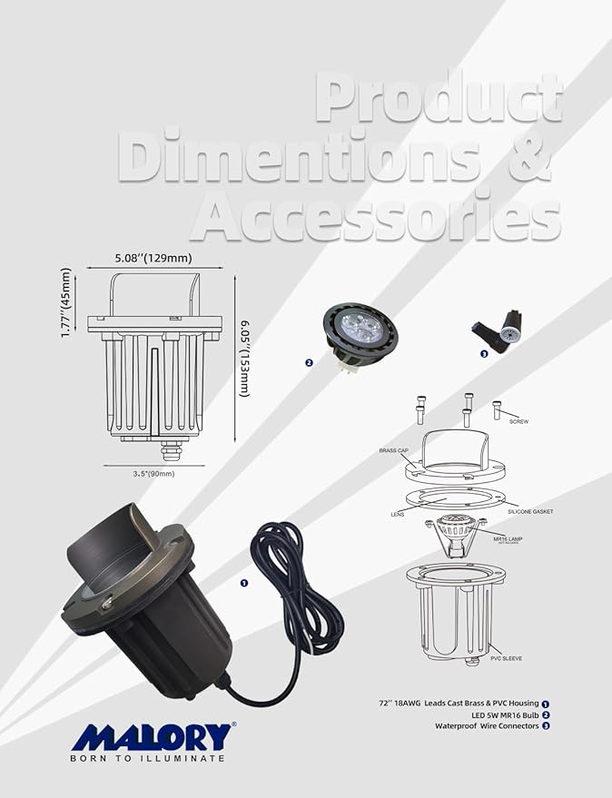 MALORY Brass Top Cover Landscape Well Lights,（6‘’H 12V Low Voltage Outdoor In Ground Lights, Anti-Glare Landscape Lighting with 5W 450LM MR16 for Pathway, Driveway (Shield Top, 10-Pack with Bulb)