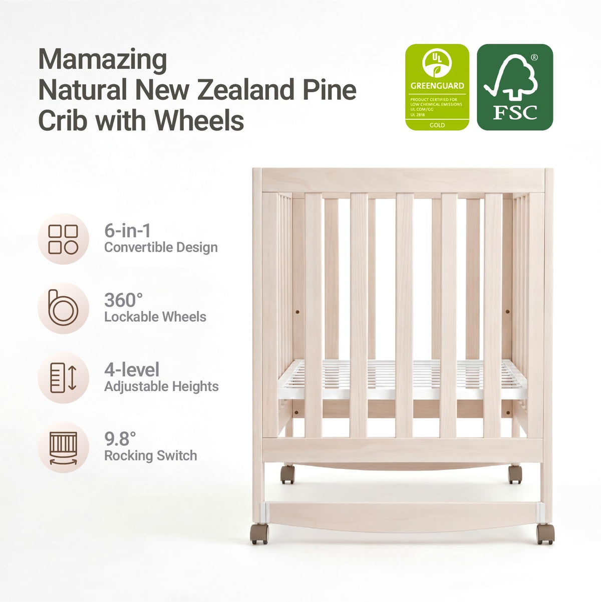 MAMAZING EvoNest 6-in-1 Convertible Baby Mini Crib with Wheels
