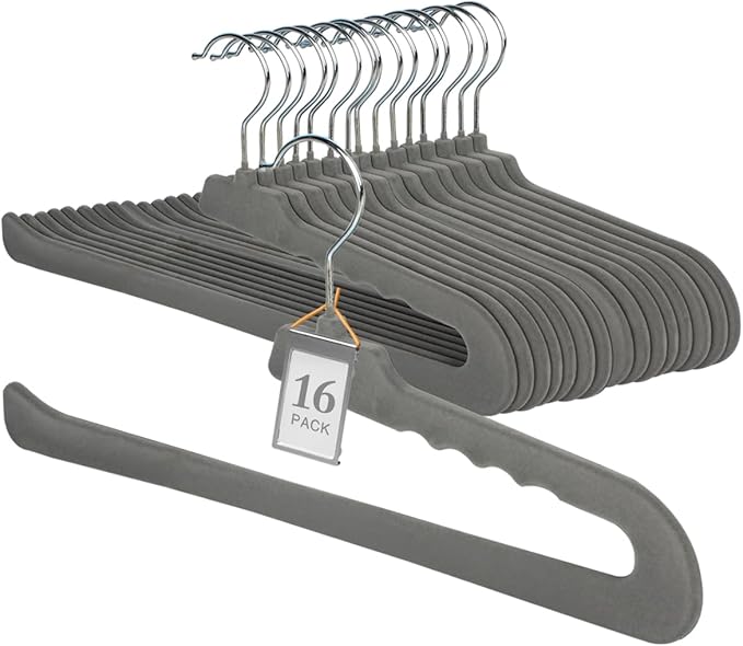 Velvet Pants Hangers,16 Pack Non Slip Felt Slack/Trouser Hanger,Slim & Sleek Heavy Duty Space Saving Closet with 360° Swivel Hook,Tank Top Hangers for Shorts,Jeans,Suit Pants,Towel(Grey)