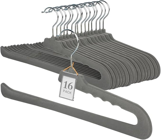 Velvet Pants Hangers,16 Pack Non Slip Felt Slack/Trouser Hanger,Slim & Sleek Heavy Duty Space Saving Closet with 360° Swivel Hook,Tank Top Hangers for Shorts,Jeans,Suit Pants,Towel(Grey)