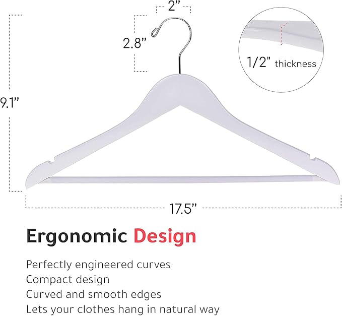 30 Quality Wooden Hangers - Slightly Curved Hanger 30-Pack Sets - Solid Wood Coat Hangers with Stylish Chrome Hooks - Heavy-Duty Clothes, Jacket, Shirt, Pants, Suit Hangers (White, 30), 17.5 inch