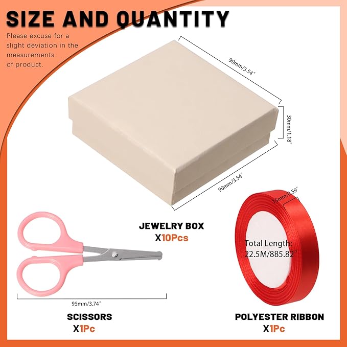 Tanstic 12Pcs Cardboard Jewelry Gift Boxes Kit, 3.5 x 3.5 x 1.2 Inch Beige Gift Boxes Cardboard Jewelry Boxes with 74ft Red Ribbon and Scissor for Rings, Necklaces, Earrings, Bracelets