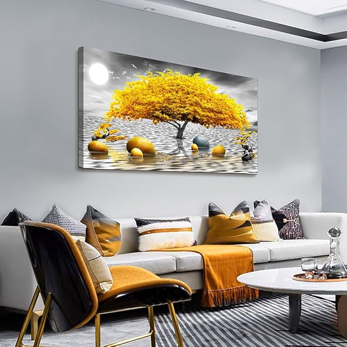 Wapluam Large Canvas Wall Art for Living Room Office Bedroom Decor - Black and White Framed Painting With Yellow Tree View - Home Decoration Artwork Prints 24"X48"