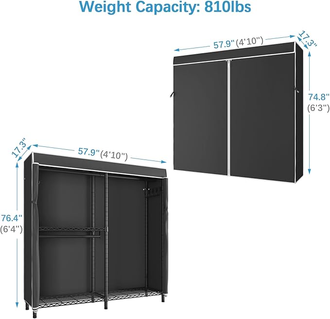 VIPEK V4C Garment Rack with Cover, Heavy Duty Portable Closet Adjustable Metal Clothing Rack for Hanging Clothes with Hanging Rods & Side Hooks, Max Load 810lbs, Black Rack with Black Cover