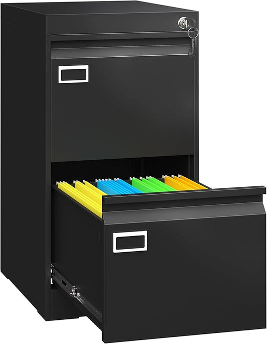 2 Drawer File Cabinet with Lock, Metal Small File Cabinet, Black Filing Cabinets for Home Office, Vertical File Cabinets Locked for A4/F4/Letter/Legal, Easy Assemble