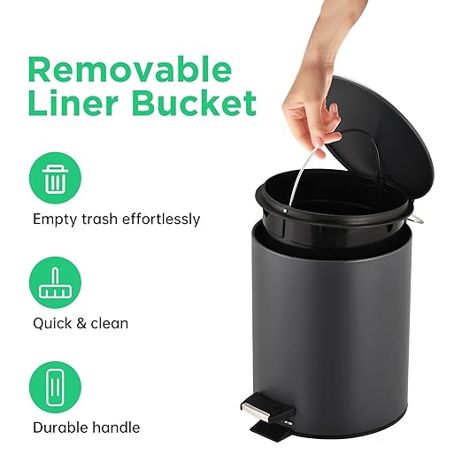 URALFA 2 Pack Small Bathroom Trash Can with Lid Soft Close, Step Pedal, 5 Liter / 1.3 Gallon Stainless Steel Slim Garbage Can for Bedroom, Diaper Waste Basket with Removable Inner Bucket (Matte Black)