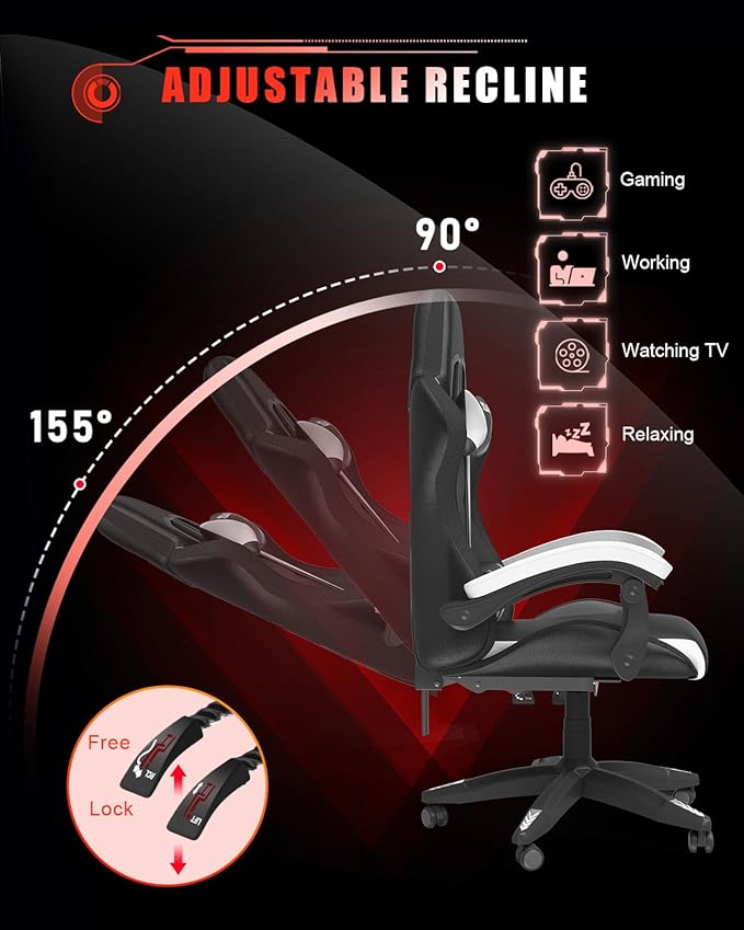 Bigzzia Gaming Chair with RGB LED Lights, High Back Ergonomic Computer Gamer Chair with Headrest and Lumbar Support, Racing Style Reclining Game Chair for Adults, Kids(Black/White)