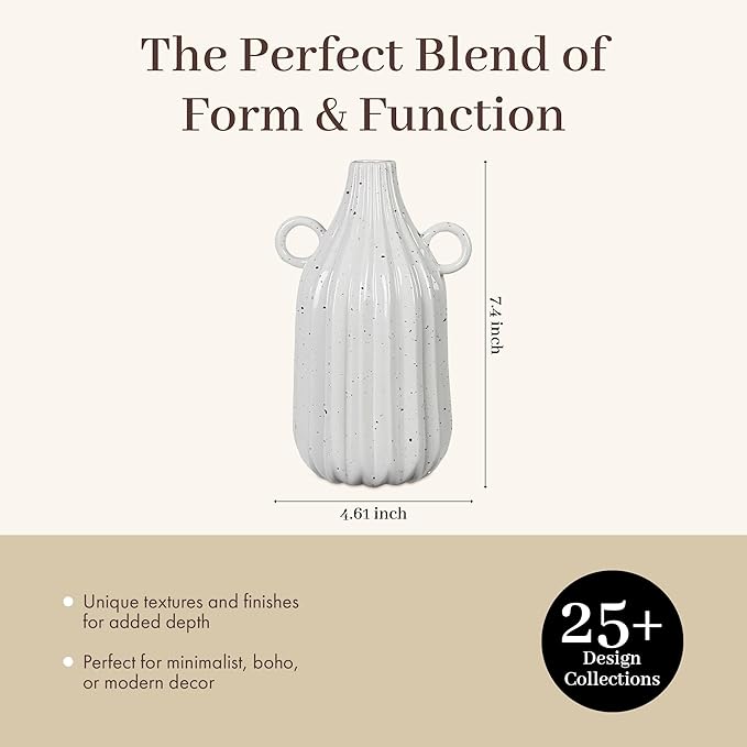 Young's Inc Stoneware Vase with Dual Ring Handles – Modern Organic Decorative Table Centerpiece, Ribbed Ceramic Flower Vase, 7.4” Tall
