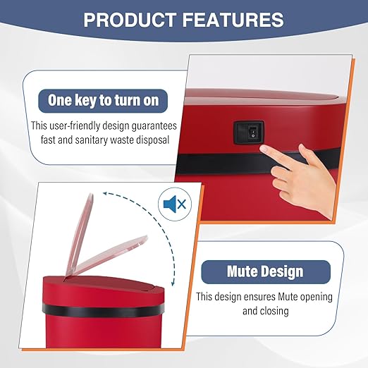 PayLessHere 13 Gallon Trash Can Kitchen Trash Can Automatic Garbage Can with Lid Touch Free High-Capacity Motion Sensor for Kitchen Bedroom Bathroom Office Trash Bin (1, Red Stainless Steel)