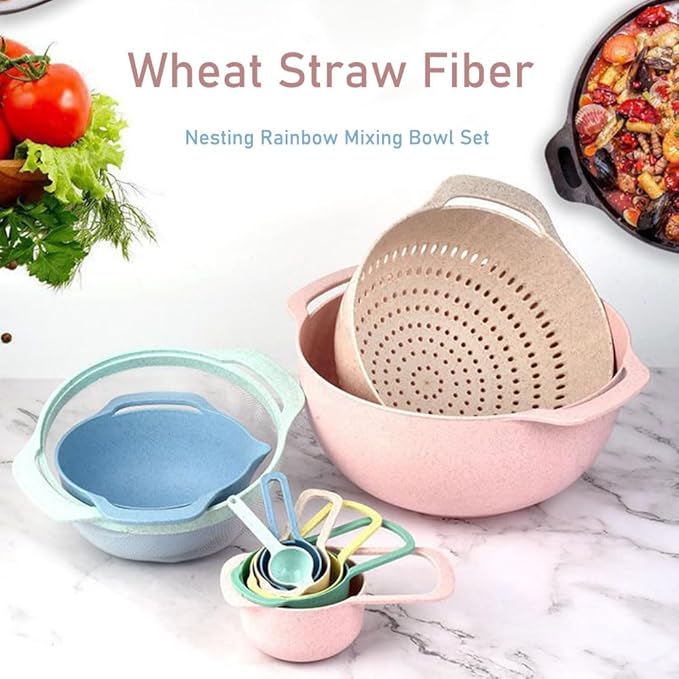 Plastic Mixing Bowls Set 10 PCS with Measuring Spoon, Colorful Serving Bowls for Kitchen, Ideal for Baking, Prepping, Nesting Bowls for Space Saving Storage