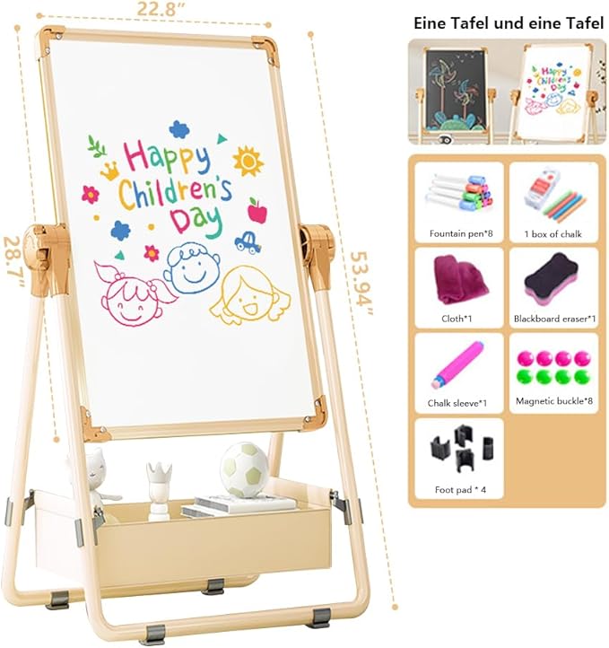 Adjustable Kids Drawing Easel with Magnetic Whiteboard&Chalkboard Double Sided Drawing Board Easy to Clean 360 ° Rotating, Ideal Christmas Gift for Children 36+ Months（53.9"X22.8"）