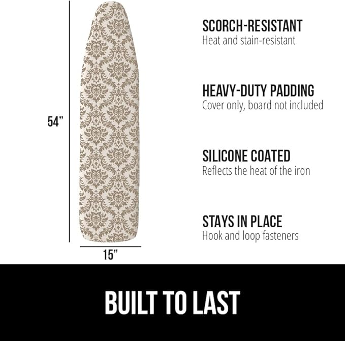 The Original GORILLA GRIP Ironing Board Cover and Pad, Silicone Coating, Thick Scorch Resistant Padding, Heavy Duty Iron Covers Standard Boards, Hook and Loop Fastener Strap, Damask, 15x54