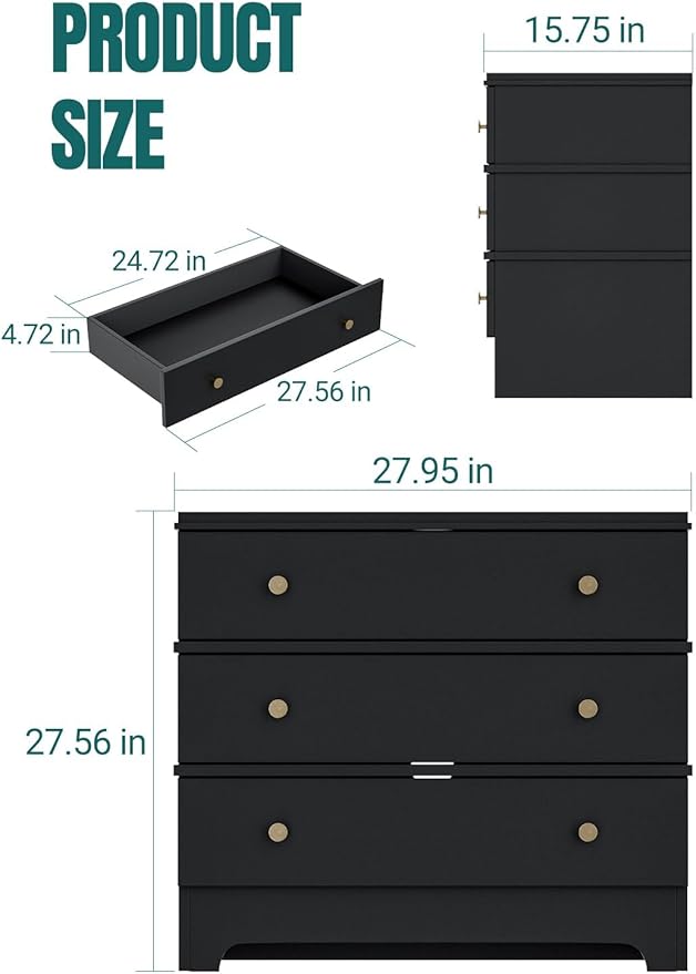 Nightstand with Charging Station, 28" Farmhouse Night Stand & Modern 3 Drawers Dresser for Bedroom,Wood End Table Storage Cabinet for Bedroom Hallway, Entryway, Home Office, Black