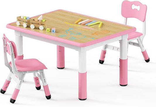 Brelley Kids Table and 2 Chairs Set, Height Adjustable Toddler Desk 31.5" L x 23.6" W and Chair Set, Graffiti Desktop, Classroom/Daycare/Home, Children Multi-Activity Table for Ages 2-8