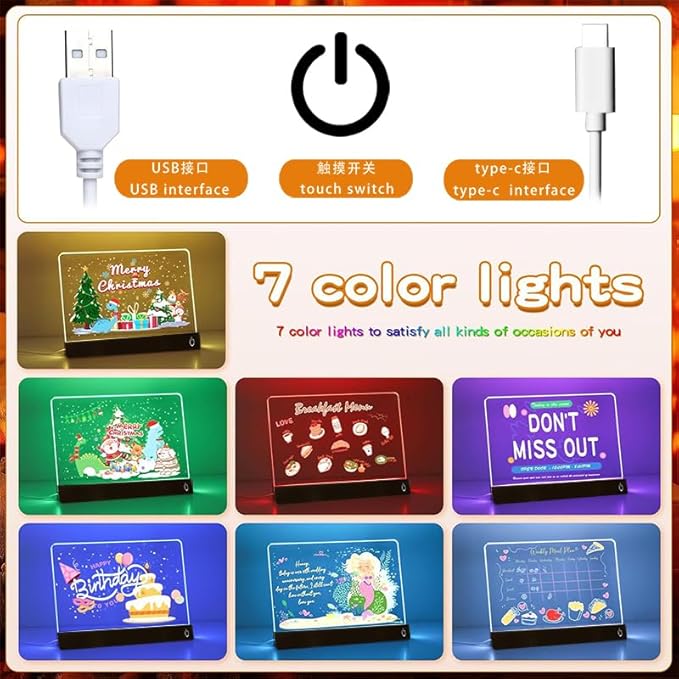 LED Note Board with Colors, 11.8"X7.9" 4 Modes &6 Colors Acrylic Dry Erase Board with Light, Include Adapter, Hanging Chain, Led Drawing Board for Kids with Stand, 7 Markers