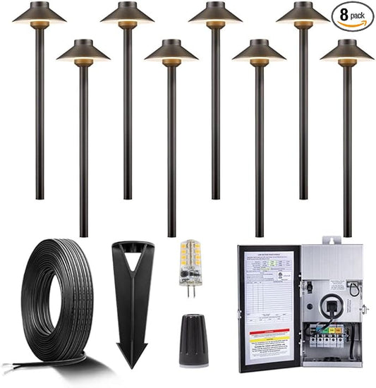 Brass Low Voltage Pathway Lights Kit(8 Pack) 12V LED with 150W Low Voltage Transformer and Mechanical Timer and 100 Feet Wire and 40Pack Connectors for Outdoor House Garden Sideway