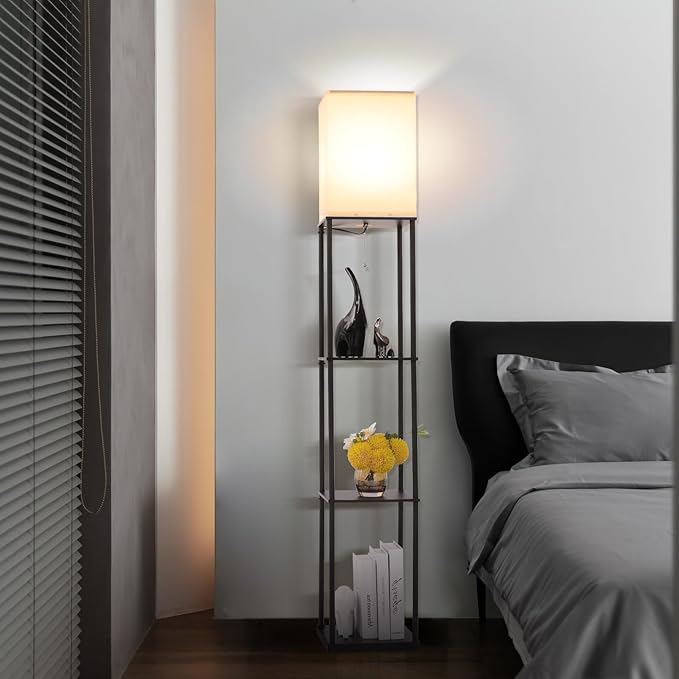 Floor Lamp with Shelves, Modern Square Standing Lamp with 3-Color Remote Control Dimming Bulb, Corner Display Bookshelf Lamp for Living Room, Bedroom and Office (black-9YK)