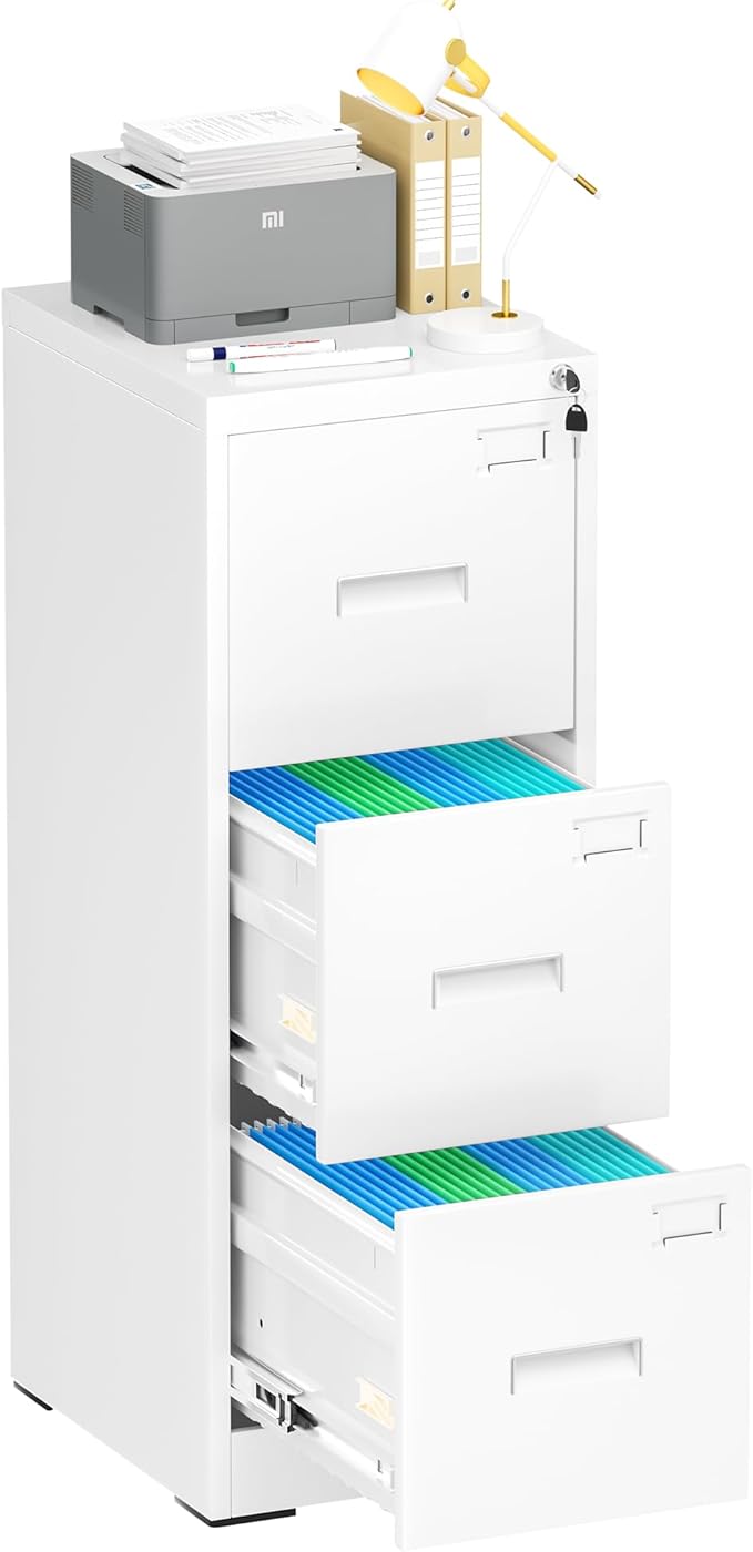 Bonusall Vertical File Cabinet with Lock 3 Drawer Locking Vertical Filing Cabinets,Metal Office File Cabinet Horizontal Filing Organizer with Hanging Rack for Legal/Letter Size, White