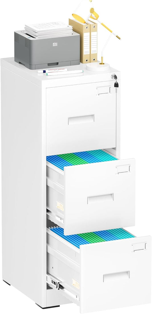 Bonusall Vertical File Cabinet with Lock 3 Drawer Locking Vertical Filing Cabinets,Metal Office File Cabinet Horizontal Filing Organizer with Hanging Rack for Legal/Letter Size, White