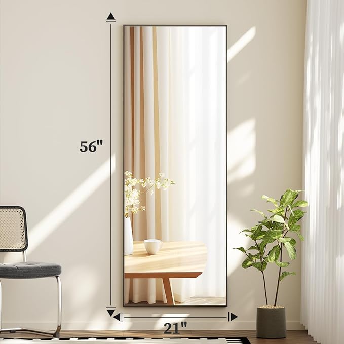 BEAUTYPEAK Full Length Mirror with Stand, 56"x21" Floor Mirror with Aluminum Alloy Thin Frame, ShatterVue Tempered Full Body Mirrors, Free Standing or Wall-Mounted Mirrors for Living Room, Black