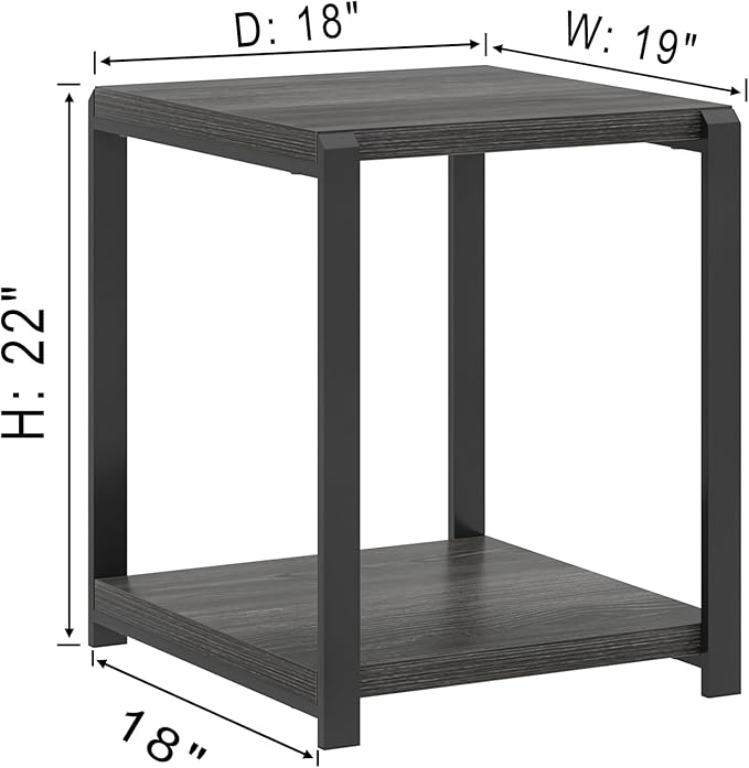 FOLUBAN Modern Side Table, Square End Table with Storage Shelf for Living Room, Rustic Industrial Wood Nightstand for Bedroom, Dark Gray