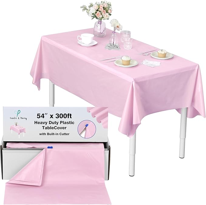 Craft And Party, 54 in x 300 feet Plastic Table Cover Roll for Party, Banquet, Picnic, Kids Activities for Any Size and Shape Table (Light Pink, 54" x 300ft)