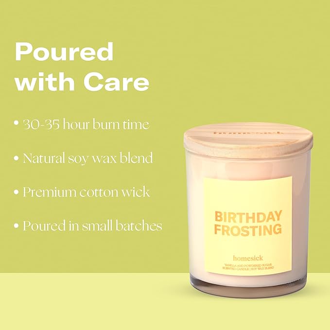 Homesick Scented Candles for Home (Birthday Frosting) - 7.5 oz Long-Lasting Natural Soy Wax Blend Jar Candle Gift for Women & Men, 30-35 Hours Burn Time - Notes of Orange Flower & Honey