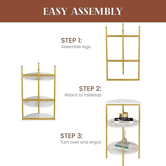 AWQM Marble Side End Table, 3-Tier Sofa Side Table,Small Round Coffee Table Bedside Table, Corner Table w/Metal Frame for Living Room Bedroom, White+Gold