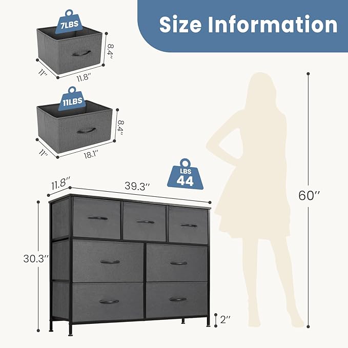 DUMOS Dresser for Bedroom with 7 Fabric Drawers, Chest Organizer Units for Clothing, Closet, Bedroom, Storage Tower with Cabinet, Metal Frame, Wooden Top, Lightweight Nursery Furniture, Grey