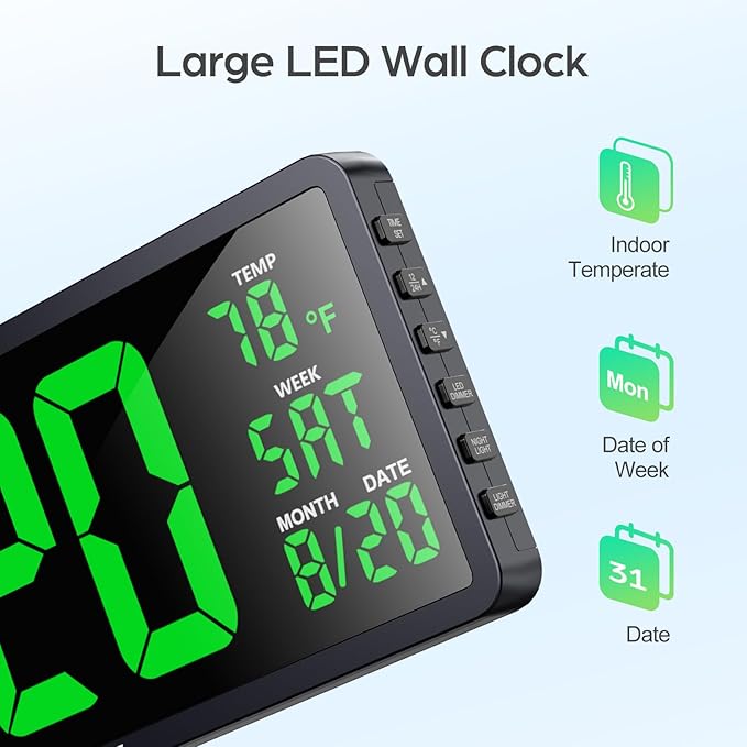 YORTOT 16” Large Digital Wall Clock with Remote Control and 7 Night Lights, 4 Level Dimmer, Super Easy to See, Big LED Clock with Indoor Temperature, Date, Perfect for Home, Office, Gym (Green)
