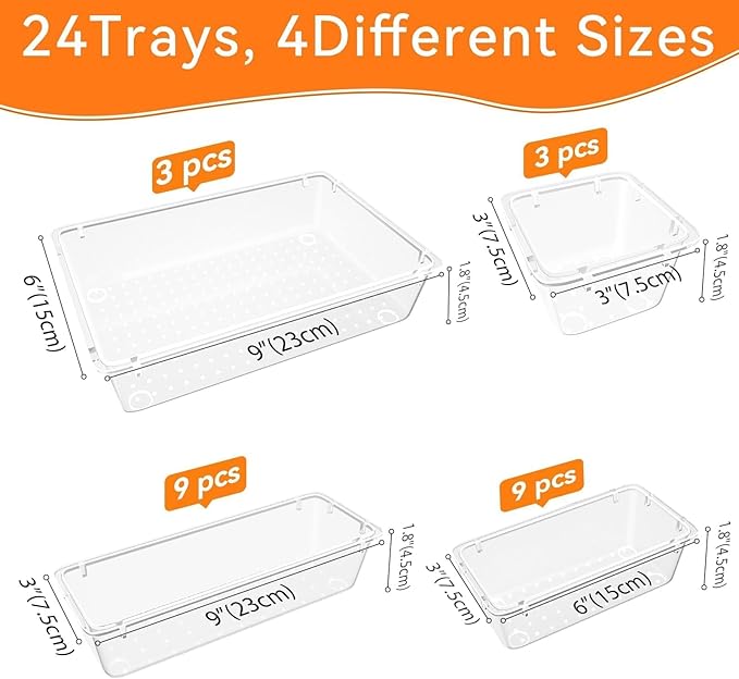 WOWBOX 24 PCS Clear Plastic Drawer Organizer Set, 4 Sizes Desk Drawer Organization and Storage Containers for Makeup, Cosmetics, Jewelry and Gadgets in Kitchen, Bathroom, Bedroom, Office, Clear