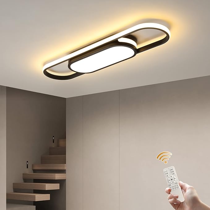 Tioolo Modern LED Linear Ceiling Lights Dimmable LED Ceiling Lamp with Remote Control 2.3ft Acrylic Flush Mount Ceiling Lighting Fixtures for Living Room Kitchen Dining Room (40W/3000-6500K/Black)