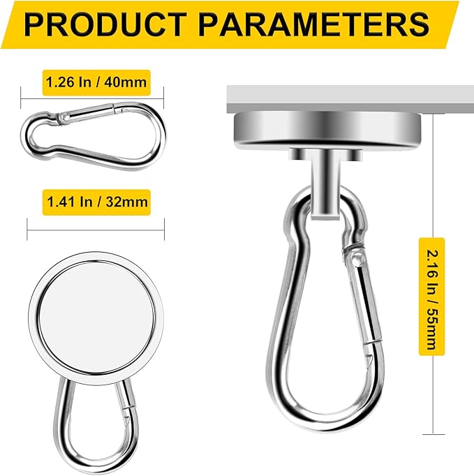 DIYMAG Magnetic Hooks, 110LBS Strong Heavy Duty Neodymium Magnet Hooks with Swivel Carabiner Hook,Great for Your Refrigerator and Other Magnetic Surfaces, Pack of 7