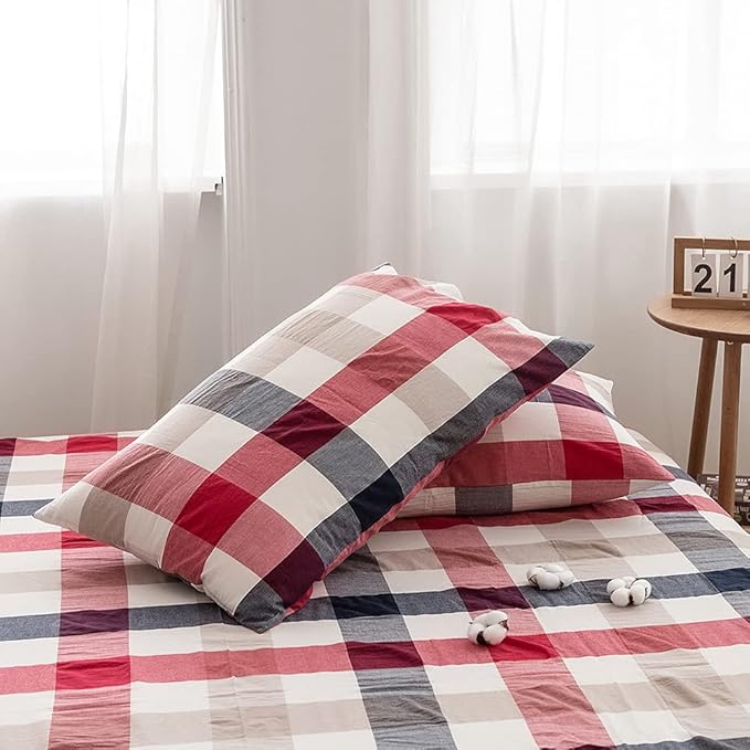 FACE TWO FACE Bedding Duvet Cover Set100% Washed Cotton Duvet Cover Linen Like Textured Breathable Durable Soft Comfy (California King, Blue red Grid)