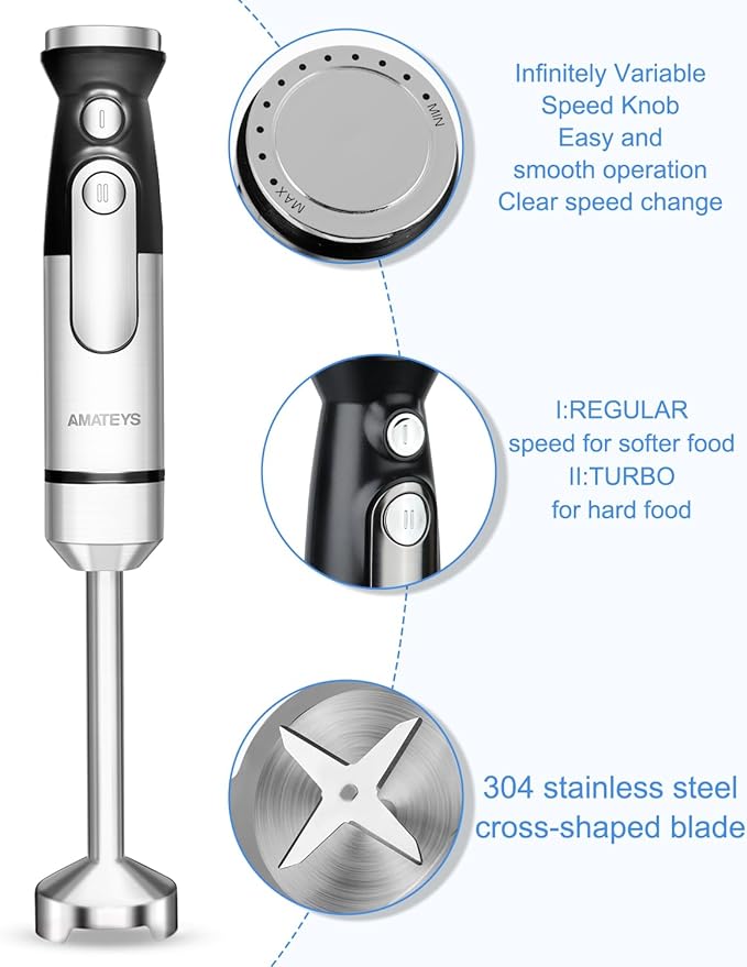 Handblender with Plug,Immersion Blender Handheld, Heavy-Duty Copper Motor, Detachable Stainless Blade Dishwasher Safe, 2 Modes with Pulse,Infinitely Variable Speed, Space-Saving Design