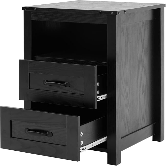 Farmhouse Nightstand with 2 Storage Drawers, Black Wood Bedside Table, Sturdy End Table with Shelf for Bedroom, Dorm, Living Room, Black