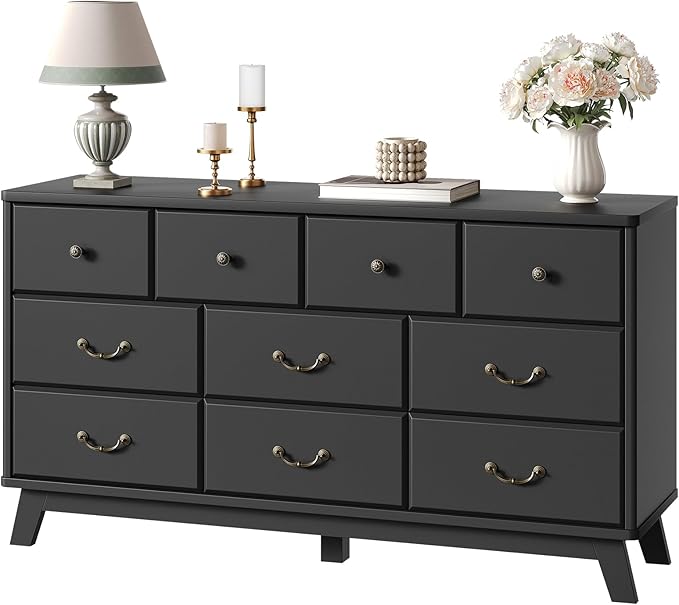 Black Dresser for Bedroom, Wooden 10 Drawer Dresser, 55.1" Wide Chest of Drawers with Vintage Metal Handle, Modern Dressers for Bedroom, Closet, Hallway, Living Room, Dressers TV Stand