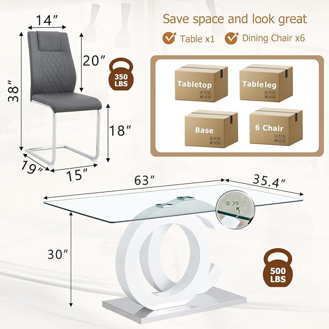 63'' Glass Dining Table Set for 6, Kitchen Table Chairs Set of 6, Clear Glass Dining Table with White unique design Leg and Silver Metal Base, 6 PU Dining Chairs with Metal Legs, Living Room, Kitchen.