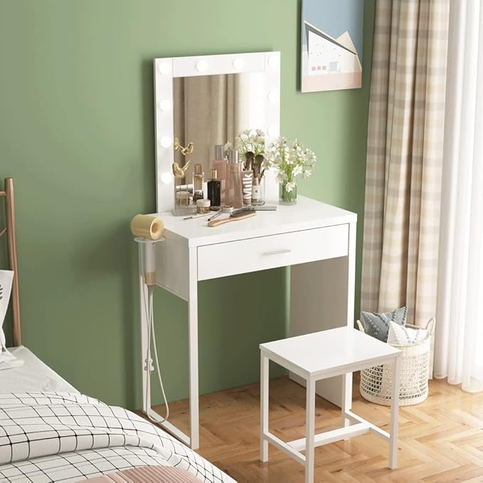 Makeup Vanity Desk with Mirror and Lights, Small Vanity Table and Chair Set,White Makeup Table with 10 LED Lights,Dressing Table for Bedroom,27.6in(L)