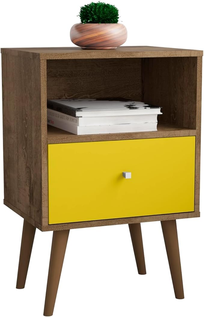 Manhattan Comfort Liberty Mid Century Modern Nightstand with Drawer and Cubby, Bedside Table for Bedroom and Living Room, Night Stand Accent Decor, Easy Assembly, Brown/Yellow