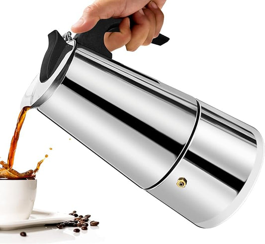 9 Cup Moka Pot Percolator Italian Coffee Maker 450ml Stovetop Espresso Mocha Stainless Steel Greca Coffee Maker Classic Cafe Makers Suitable for Induction Cookers Ceramic Stoves Straight