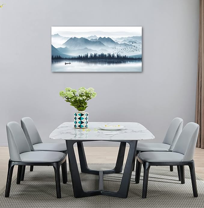 arteWOODS Indigo Canvas Wall Art Misty Mountain Wall Pictures Foggy Lake Boat Canvas Painting Prints Forest Birds Canvas Wall Decor for Living Room Wall Decorations Framed Ready to Hang 24" x 48"
