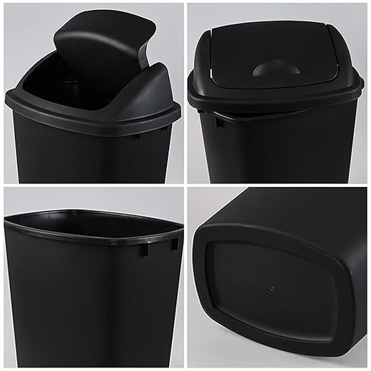 Begale 10 Gallon Plastic Swing Top Waste Container for Home Kitchen, Rectangular Trash Bin with Swing Lid, Black, Pack of 4