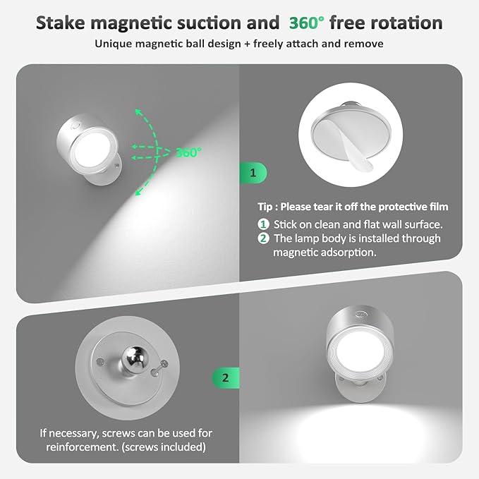 Lightbiz LED Reading Lights, Wall Lights Sconces 3 Pcs with Remote Rechargeable Battery Operated, 3 Color Temperatures & Dimmable Light Magnetic Ball 360°Rotation, Lamps for Study Bedside Closet